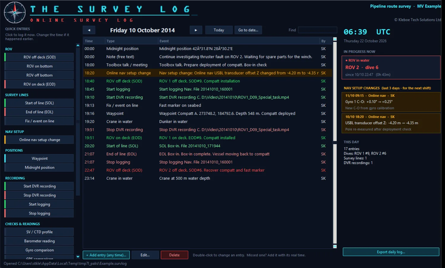 The Survey Log program window